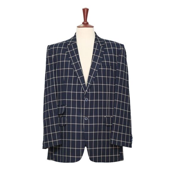 Mens Blazer Navy Blue White Check 100% Wool Formal Wedding